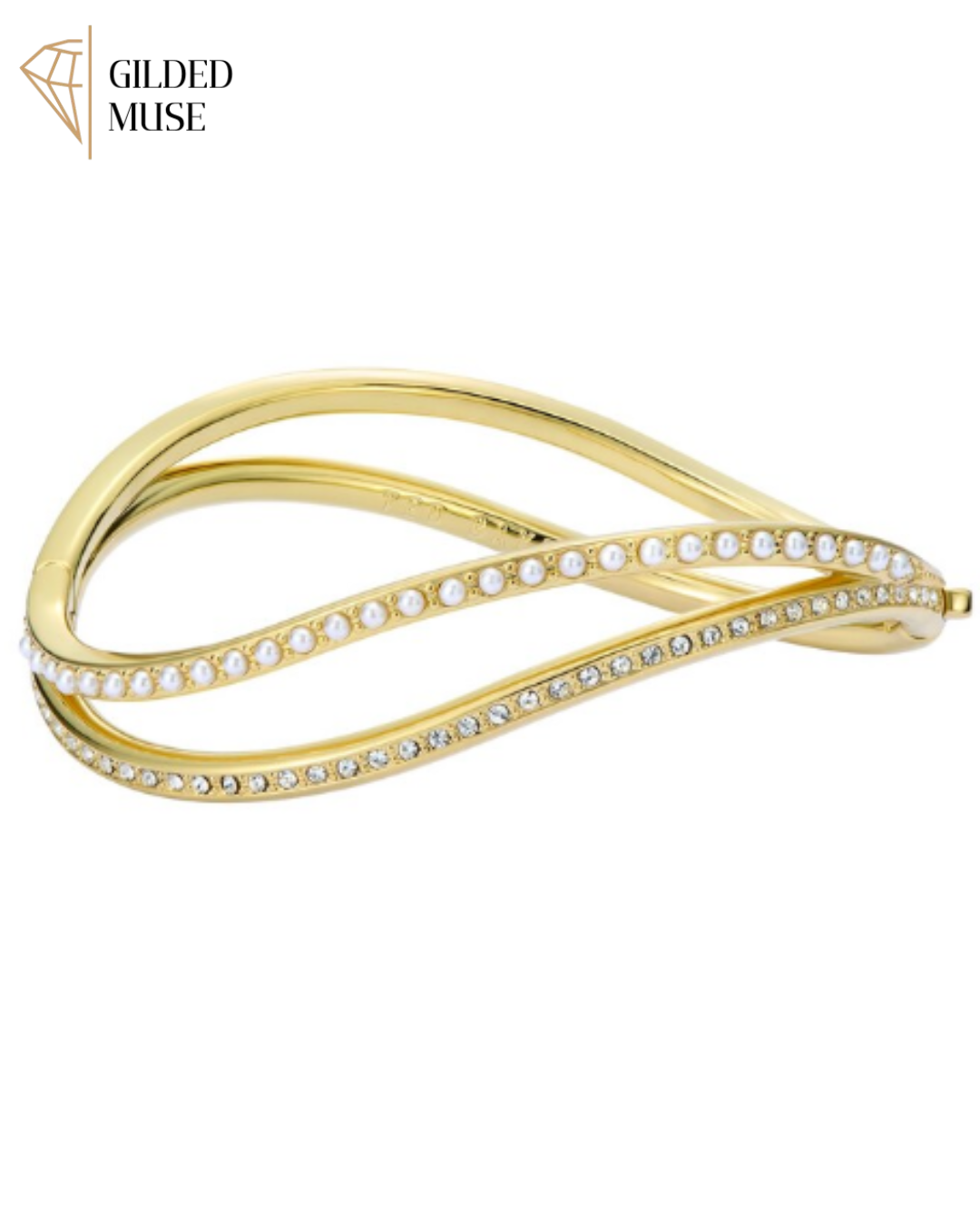 Gold Wave Bangle with Crystals & Pearls