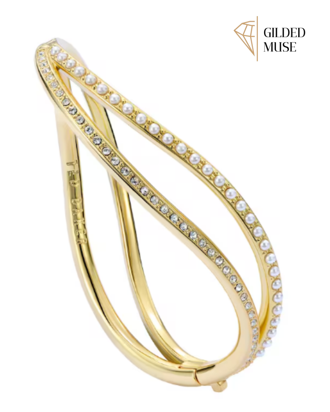 Gold Wave Bangle with Crystals & Pearls